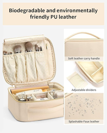 Vlando Travel Makeup Bag, Makeup Bag Organizer,Gift Ideas for Women Girls,Makeup Storgae Bag with Dividers and Handle,Gifts for Christmas,Birthday,Wedding Beige