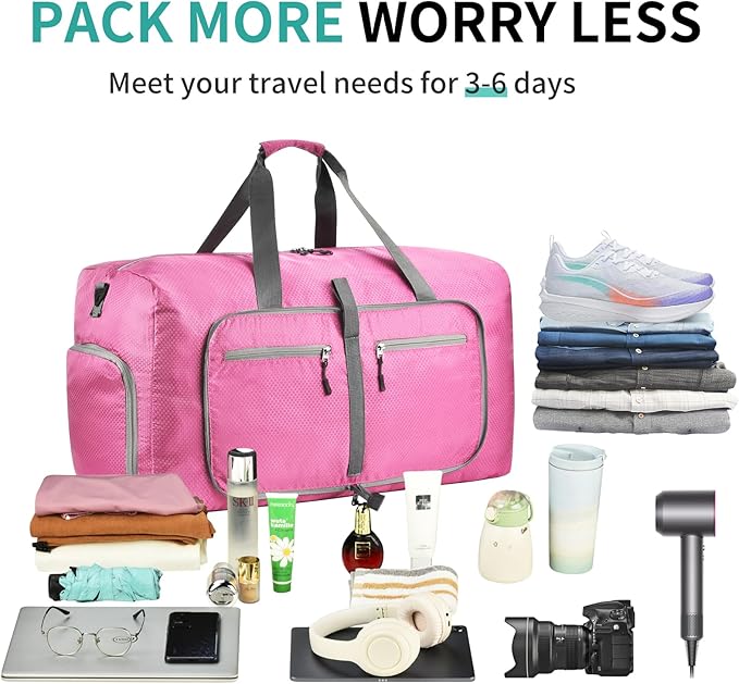Dimayar Travel Duffle Bag for Men Women - Foldable Duffel Bag with Shoes Compartment - Overnight Bags Waterproof & Tear Resistant(65L,Pink)