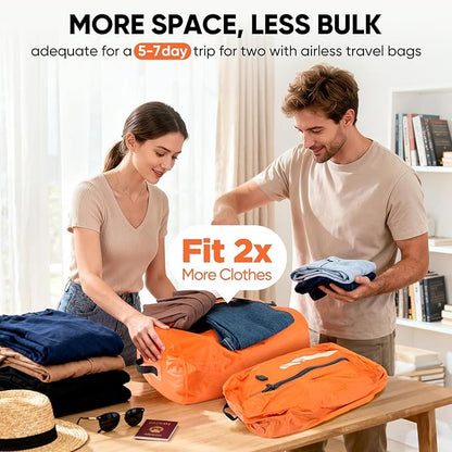 Vacuum Bags for Travel with Pump, Vacuum Packing Cubes for Travelers, Vacuum Seal Bags for Clothing, Reusable IP68 Waterproof Airless Travel Bags for Luggage, Backpack & Suitcase (Orange 2PC + Pump)