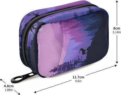 Purple Stag Mountains and Forest Travel Pill Organizer Case Box Container Weekly Portable Vitamin Medicine Holder Storage Bag with Zipper Removable