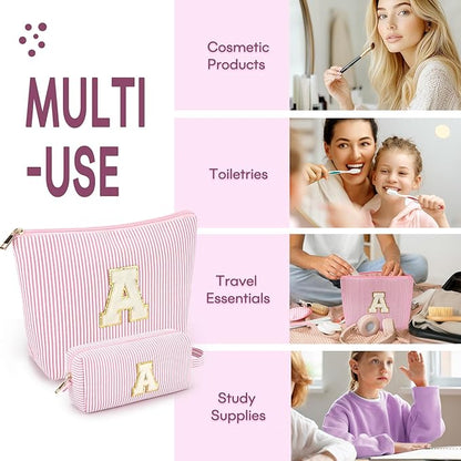 2 PCS Initial Makeup Bags for Women: Cosmetic Bag for Travel Toiletry - Birthday Gifts for 11 12 13 14 15 16 17 18 Years Old Girl Graduation Teacher Gift- Teen Girl Gifts Trendy Stuff - Light Pink A