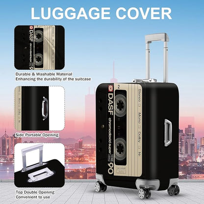 ANNA QUEEN Retro Cassette Tape Luggage Cover, Vintage Music Design Suitcase Protector, Washable Stretchable Travel Sleeve for 32-34 Inch Luggage