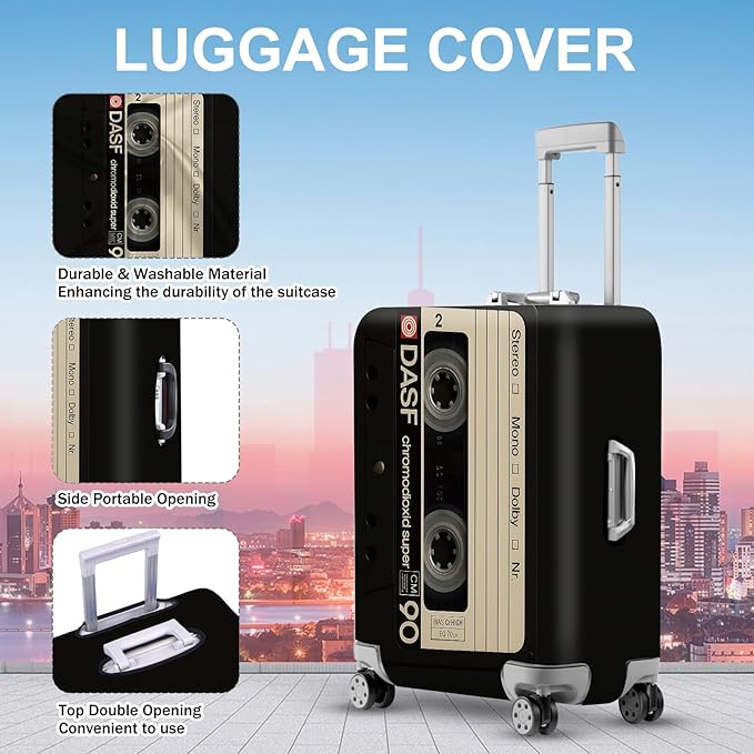 ANNA QUEEN Retro Cassette Tape Luggage Cover, Vintage Music Design Suitcase Protector, Washable Stretchable Travel Sleeve for 20-22 Inch Luggage