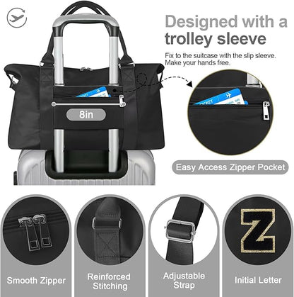 Dance Gym Duffel Bag for Teen Girls, Personalized Initial Travel Weekender Bag,Cute Overnight Carry On Duffle for Women,Sports Travel Cheer Bag,Monogram Christmas Gifts for Tween Preppy(black-Z)