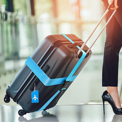 Weewooday 8 Pcs Luggage Straps Suitcase Tags Set for TSA Approved, 4 Travel Adjustable Suitcase Belt, 4 Silicone Luggage Tags with Name ID Card Travel Accessories(Blue,Airplane)