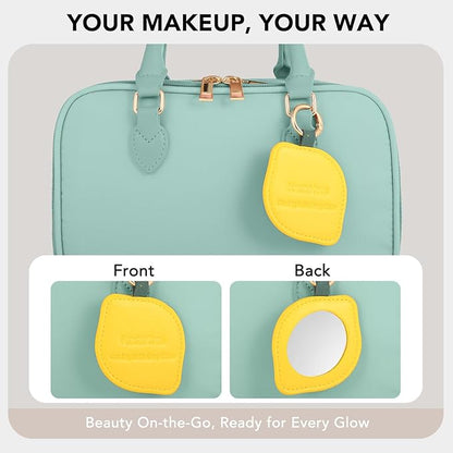 Travel Makeup Bag for Women Fashion Large Capacity Pouch Open Flat Cosmetic Portable Organizer Waterproof Large Opening Storage Toiletry Bags Vertical Free-Standing Brush Holder for Easy Access Blue