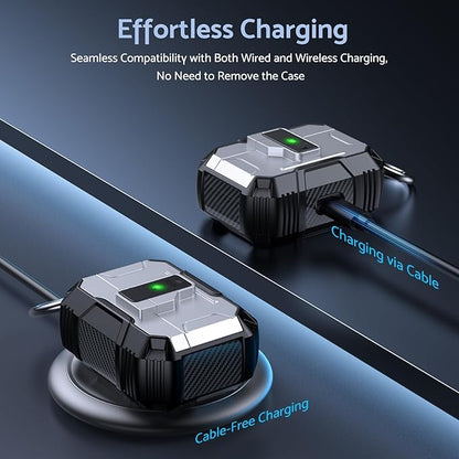 DASFOND Armor Earphone Cover Case for Airpods Pro, Military Grade Full Body Shockproof Protection Hard Case, Support Wireless Charging with Keychain, Magnetic Lid, Front LED Visible, Silver