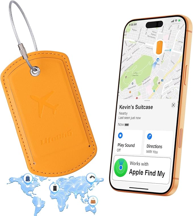 Luggage Tag with Tracker (iOS Only), Premium PU Leather Luggage Tags for Suitcase, Privacy Cover & ID Card Slot, Stainless Loop for Travel Bags, Backpack, Pet Carrier, Ideal Gadgets (Orange)