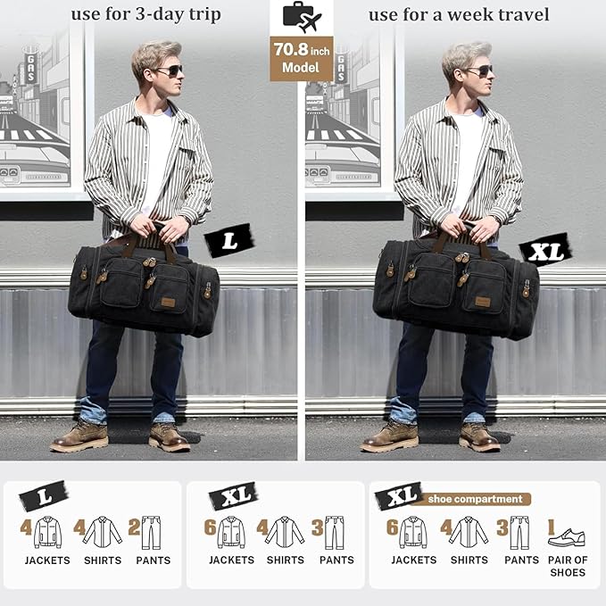 Gonex Canvas Duffle Bag for Travel, Expandable Water Resistant 60L Carry on Duffel Overnight Weekender Gym Bag with Wet Dry Separation Pocket & Suitcase Handle Sleeve, Dark Grey