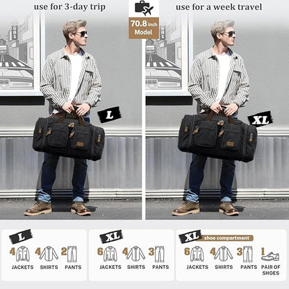 Gonex Canvas Duffle Bag for Travel, Expandable Water Resistant 60L Carry on Duffel Overnight Weekender Gym Bag with Wet Dry Separation Pocket & Suitcase Handle Sleeve, Dark Grey
