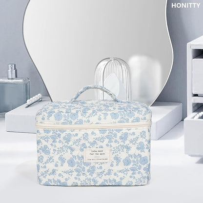 Makeup Bag,Quilted Cosmetic Bags,Large Floral Make Up Bags for Women, Makeup Organize,Flower Travel Toiletry Bag