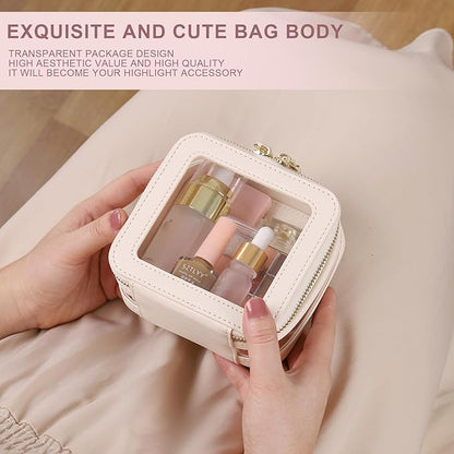 Pinkmik Clear Small Makeup Bag Mini Cosmetic Makeup Case & Toiletry Bag with Zipper,Cute Purse Organizer,Car Essentials for Women (Beige, MINI-2)