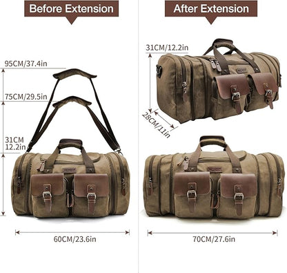 Wildroad 60L Travel Duffel Bag, Expandable Canvas Genuine Leather Duffle Bag Upgraded Overnight Weekender Bag Carry on Bag (Coffee, X Large-60L)