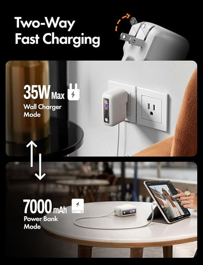 LISEN 3 in 1 Fast Travel Charger, 35W Power Bank Fast Charging Portable Charger with Wall Plug Built in Cable, 7000mAh Traveling Essentials Christmas Vacation Gifts for iPhone 17 16 Pro Samsung S25 24