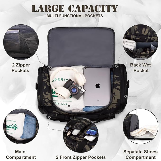 Tactical Duffle Bag For Travel Expandable 52L Large Duffle Bag For Men Gym Duffel With Wet Pocket Multi-Functional Carry On Bags Weekender Overnight Bag Organizer Duffel Bag For Travel
