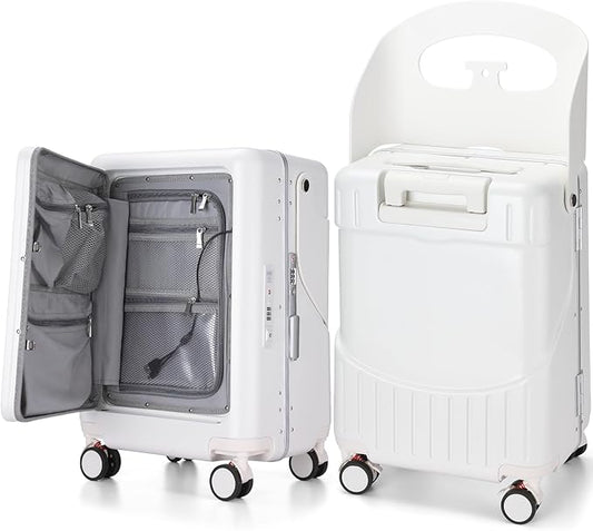20 Inch Ride on Luggage with Seat for Kids Top Opening Aluminum Frame Suitcase with Spinner Wheels Locks for Travel(White)