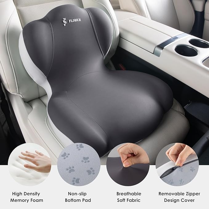 FLORICH Memory Foam Truck Seat Cushion,Car Seat Cushion and Lumbar Support Pillow for Office Chair, Ergonomic Back Support & Sciatica Relief for Long Drives(Grey)