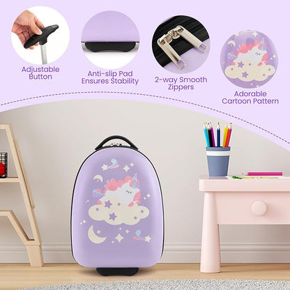 HONEY JOY Kids Luggage, 16” Children Rolling Suitcase w/Wheels & Telescopic Handle, Hard Shell Lightweight Travel Luggage for Toddlers, Carry On Luggage with Wheels for Boys Girls(Purple Unicorn)