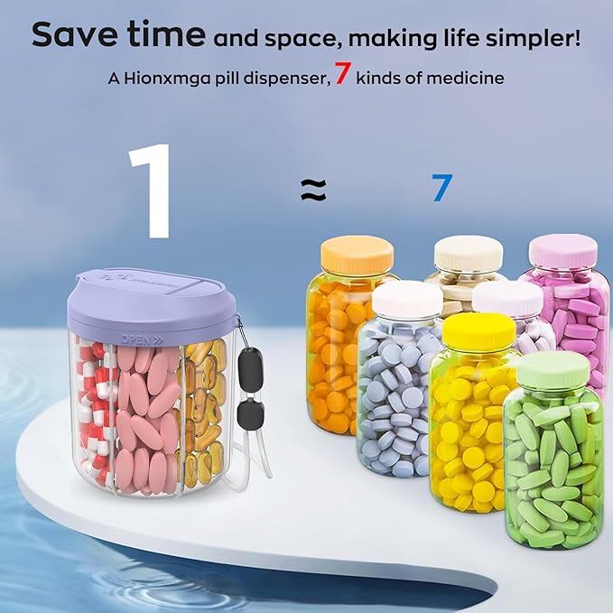 Pill Dispenser with 7 Large Compartments, 4.4" H x 3.6" Dia Pill Organizer for Travel, Supplement Organizer with Anti-Mixing Design, BPA-Free Pill Container with 20 Pcs Labels, Black+ Purple