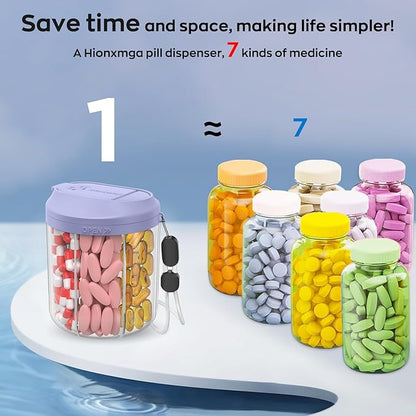 Pill Dispenser with 7 Large Compartments, 4.4" H x 3.6" Dia Pill Organizer for Travel, Supplement Organizer with Anti-Mixing Design, BPA-Free Pill Container with 20 Pcs Labels, Black+ Purple
