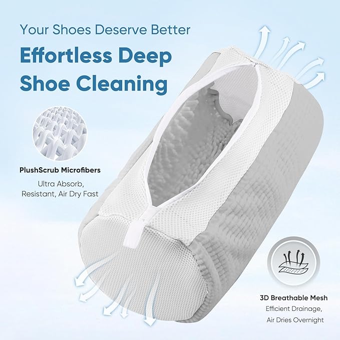 Shoe Washer Machine Bag 2Pack - Reusable Shoe Laundry Bag with Mesh Socks Washing Bag - 360°Deep Protective Cleaning Bags for Sneakers Delicate Footwear - Home Dorm Travel Essentials, Grey