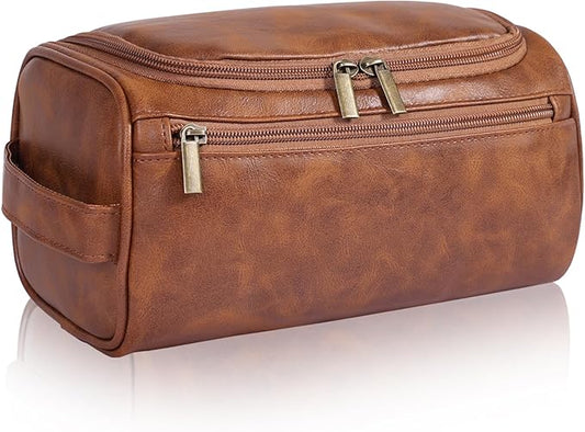 Toiletry Bag for Men, Hanging Travel Shaving Dopp Kit for Men and Women, Water-resistant Toiletries Organizer Bags, PU Leather Cosmetic Bags for Makeup Accessories (Light Brown)