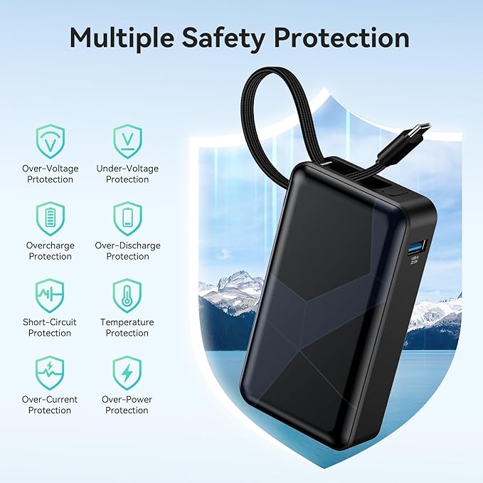 Power Bank, 10,000mAh Portable Charger PD 30W Fast Charging External Battery Pack with Built-in USB-C Cable, Travel Phone Charger with USB-C&A Output for iPhone 17 16 15, Ipad, Samsung, Google Etc