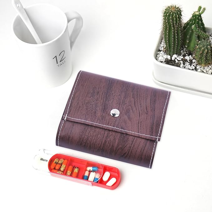 Pill Organizer,LIZIMANDU Weekly Travel Pill Case Box Medication Reminder Daily AM PM, Day Night 7 Compartments,for 4 Times A Day, 7 Days a Week-Includes Leather PU Carrying Case(1-Wood-Dark Brown)