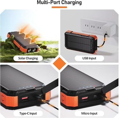ERRBBIC Solar Charger Power Bank 49800mAh, 22.5W Portable Charger, 15W Wireless Charging, Solar Panel Charger, Built-in Four Cable, with USB C for Cell Phones, with Dual Flashlight for Camping