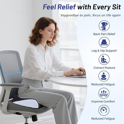 Ergonomic Seat Cushion for Office Chair, Extra Large Car Seat Cushion, Memory Foam Chair Cushion for Tailbone Pain Relief & Pressure Relief Sciatica and Back Support for Long Sitting (Blue)