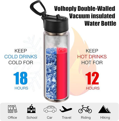 Volhoply 24oz Insulated Water Bottle With Straw Bulk 3 Pack,Metal Wide Mouth Water Bottles With Handle Lid Keep Cold,Reusable Double Wall Cups,Powder Coated Sport Bottle For Holder(Silver,3 Count)