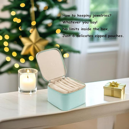 Vlando Travel Jewelry Box Organizer - 6 Small Velvet Zipped Pouches Pockets for Jewelries Necklaces Rings Earrings Sorting Storage, Aqua Blue