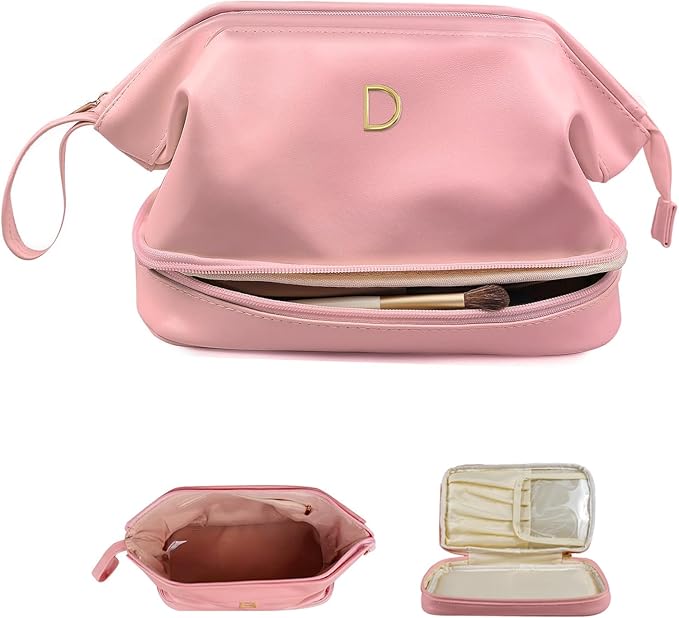 Wedding Gift Makeup Bag, Pink Stuff Cosmetic Bag with Makeup Brush Organizer, Waterproof, Large Capacity PU Leather Travel Toiletry Bag Retirement Gifts, Daughter Gifts