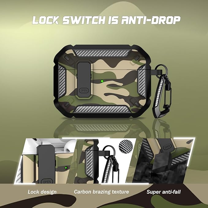 RFUNGUANGO for AirPods Pro 2nd Generation Case Cover with Cleaner Kit, Military Hard Shell Protective Armor with Lock for AirPod Gen 2 Charging Case 2022, Front LED Visible,Black Camou