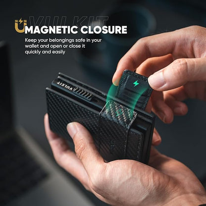 VULKIT Card Holder Bifold Pop Up Leather Wallet for Men RFID Blocking Metal Card Case, Holds 9 Cards and Banknotes Carbon Fiber Black