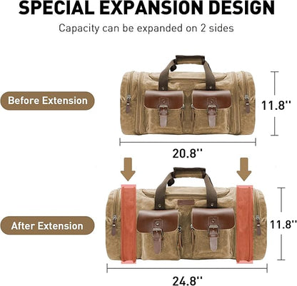 Wildroad Waxed Canvas Genuine Leather 50L Waterproof Duffle Bag - Vintage Travel Weekender Overnight Carry On