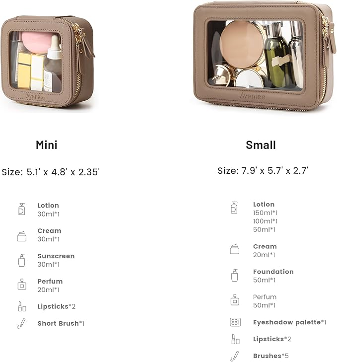 Aveniee Clear Makeup Bag Set (2-Piece Mini & Midi) - Travel Toiletry Organizer for Women, Waterproof Cosmetic Pouch & Car Accessory for Travel Size Toiletries, Taupe