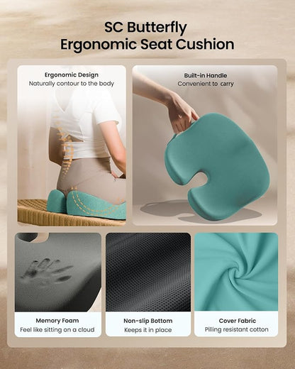 ProtoArc Seat Cushion, Office Chair Cushion for Sciatica, Coccyx Cushion, Ergonomic Memory Foam Seat Cushion for Car, Home, Pressure Relief Pad for Hip, Tailbone, All Day Comfort - Mint Green