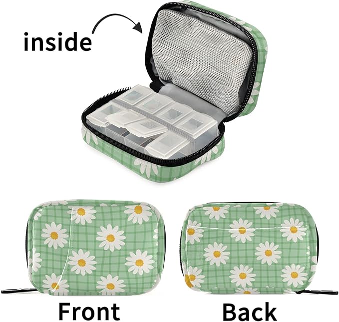 Light Green Daisy Travel Pill Organizer Weekly Small (Cute) Pill Box 7 Day Pill Case Vitamin Holder Pill Bottle Organizer