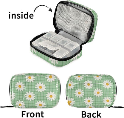 Light Green Daisy Travel Pill Organizer Weekly Small (Cute) Pill Box 7 Day Pill Case Vitamin Holder Pill Bottle Organizer