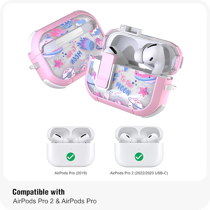 WENEW Case for AirPods Pro & Pro 2 Case Cover Secure Lock Snap Switch Clip Cleaner Kit Lanyard Women Stylish Universe Moon Full Body Hard Shell Front LED Visible (Pink Universe, AirPods Pro & Pro 2)