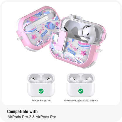 WENEW Case for AirPods Pro & Pro 2 Case Cover Secure Lock Snap Switch Clip Cleaner Kit Lanyard Women Stylish Universe Moon Full Body Hard Shell Front LED Visible (Pink Universe, AirPods Pro & Pro 2)