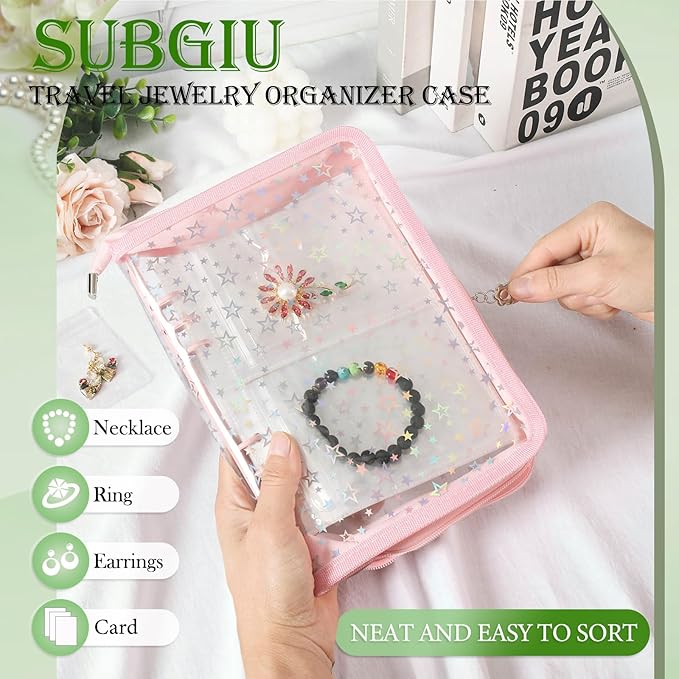 Jewelry Organizer Case Travel Clear Earring Organizer Case Transparent Jewelry Storage Book with Clear Zippered Jewelry Pouch (Pink, with 48 Pcs large Jewelry Pouches)