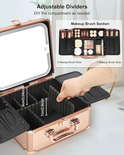 Relavel Makeup Bag with LED Mirror, Makeup Box Travel Train Case with Rechargeable Lighted Mirror, Cosmetic Brush Organizer Storage for Makeup Artists Gifts for Women and Girls, Rose Gold