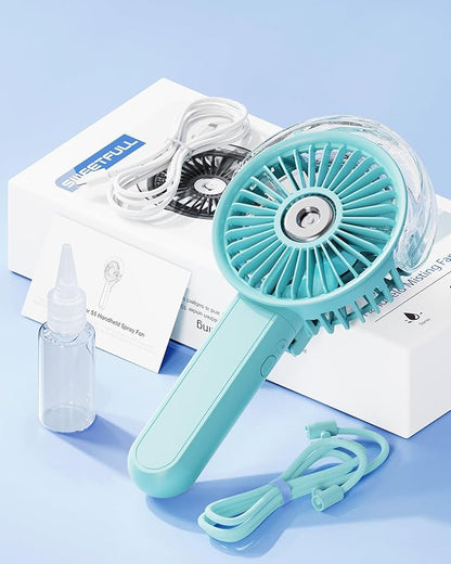 SWEETFULL Portable Misting Fan - 180° Foldable Handheld Personal Fan with Mist Spray, 3 Speeds, 30ml Water Tank, USB Rechargeable - Ideal for Travel, Outdoors, Makeup, Camping, Home, and Office Use