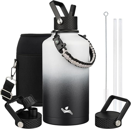 Insulated Water Bottle with Straw,87 oz 3 Lids Water Jug with Carrying Bag,Paracord Handle,Double Wall Vacuum Stainless Steel Metal Flask,Day Night