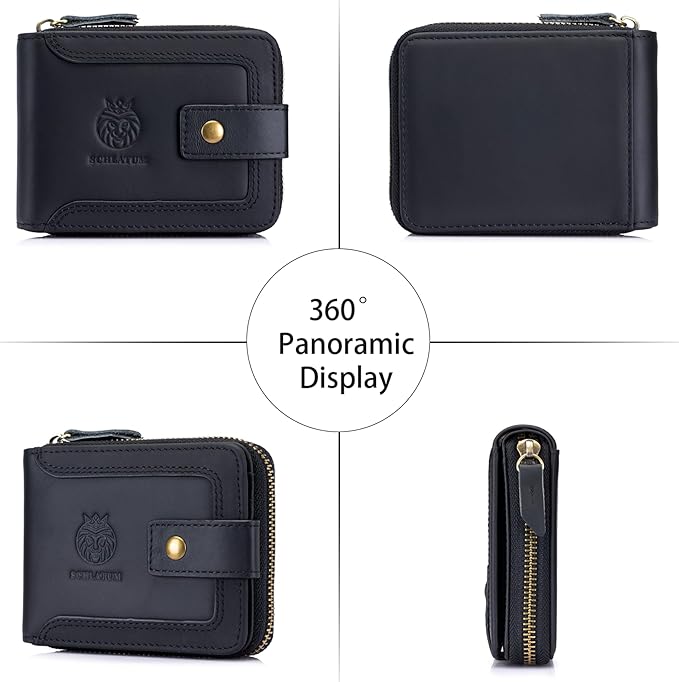 Genuine Leather Zipper Wallet for Men RFID Blocking Large Capacity Classic Wallet with Coin Pocket ID Window, Black