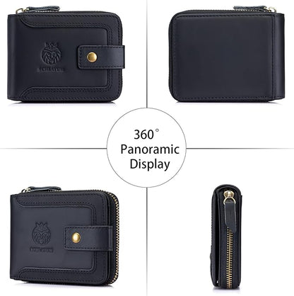 Genuine Leather Zipper Wallet for Men RFID Blocking Large Capacity Classic Wallet with Coin Pocket ID Window, Black
