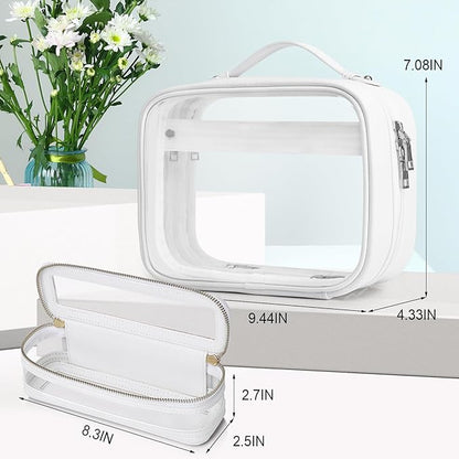 Pinkmik Travel Makeup Bag Set Portable Clear Cosmetic & Toiletry Case Women's Purse Organizer and Car Essentials with Zipper (White, M+SLIM-2)