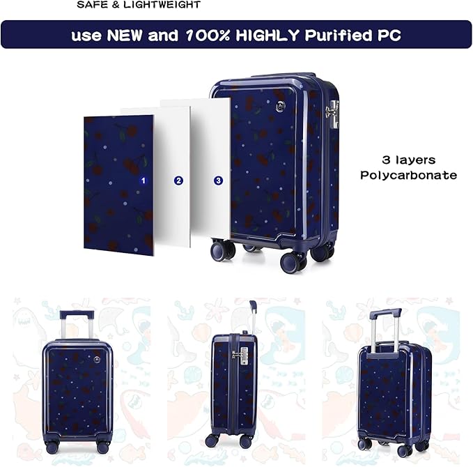 Somago 4 Piece Kid's Luggage with Backpack Set for Boys Girls Spinner 18" Hardside PC Rolling Carry on Suitcase with TSA Lock (Cherry Navy)